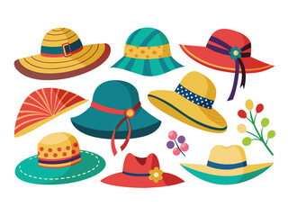 A vector illustration set of summer hats and caps, a stylish fashion collection