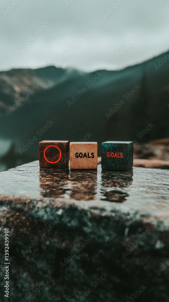 Aufkleber mindful ambition unveiled rustic wooden goal blocks against misty mountain landscape - transformativ