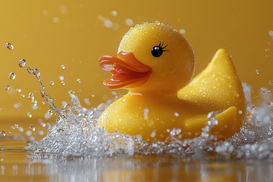 cheerful yellow rubber duck splashes in water, surrounded by droplets against vibrant yellow background
