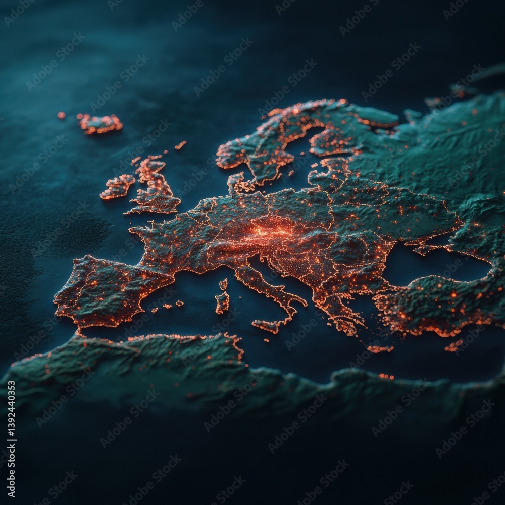Poster Illuminated Europe Geospatial Data Visualization of Urban Networks, Digital Connectivity and Economic Density Mapping for Future Business Intelligence