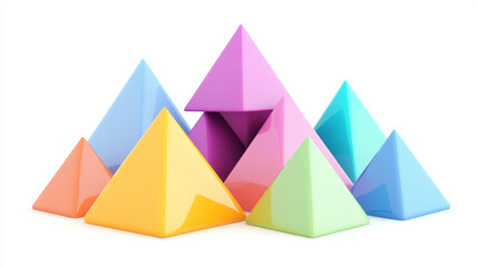 Colorful pyramid shapes arrangement studio setting 3d render bright environment close-up view abstract design exploration