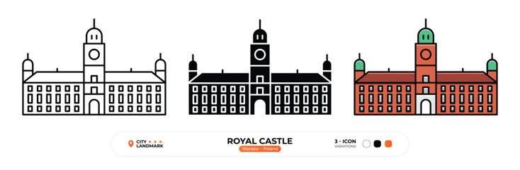 Royal Castle, Line Icon. Warsaw, Poland, Landmark, Silhouette, Color Vector, Editable Stroke.