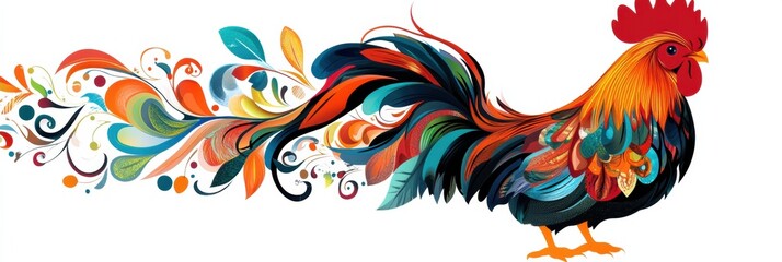 Obraz premium Colorful rooster in full profile displays vibrant plumage and elaborate tail feathers against a clean white background