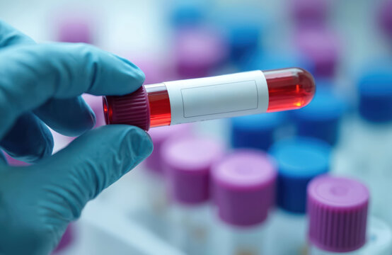 Medical lab scientist holds blood sample tube for CA-125 test. Analysis for ovarian cancer marker. Laboratory test tubes background. Doctor hand in glove. Science, medicine, research. CA-125 blood