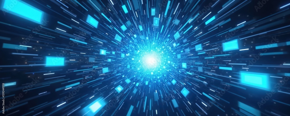 Fototapete Abstract digital tech backdrop featuring glowing blue rectangles. Futuristic design with dynamic light effects. Innovation, modern data flow concept for tech design presentations. Suitable for