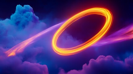 An abstract depiction of a glowing orange ring intersecting with swirling purple clouds against a mystical blue backdrop, creating a sense of movement and energy