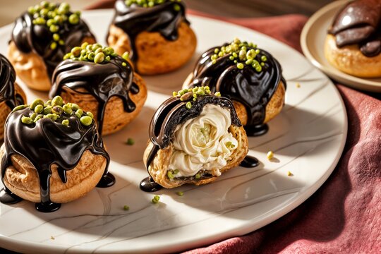 cream puffs or profiteroles presented on a white marble serving platter each pastry features a golden brown choux pastry base generously chocolate cake with nuts and raisins profiterol ekler