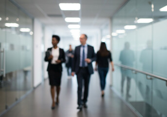 Blurred Office Corridor Business Professionals Walking, Modern Glass Architecture, Employees, People, Workplace.