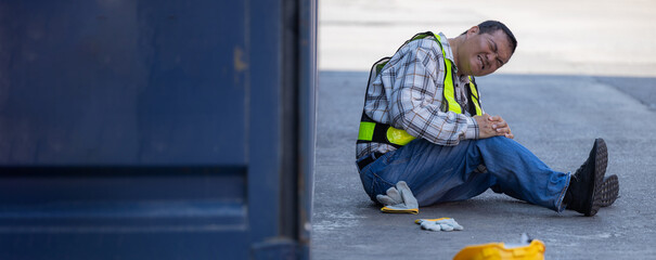 First aid support accident at work of worker at factory. Male worker has an accident on the floor...