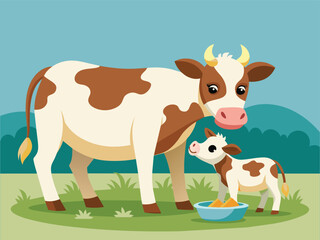 Cute cartoon vector illustration of a white cow and calf, domestic dairy farm animals on a green meadow