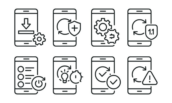 Mobile app update icons set: download, sync, security, gear, checkmark, alert