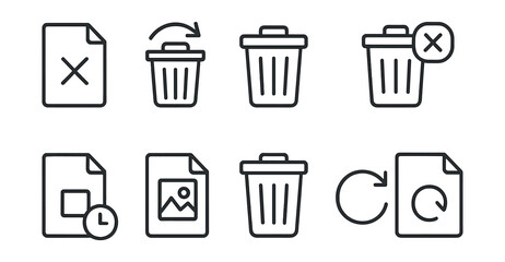 Set of linear delete and trash bin icons for efficient digital organization
