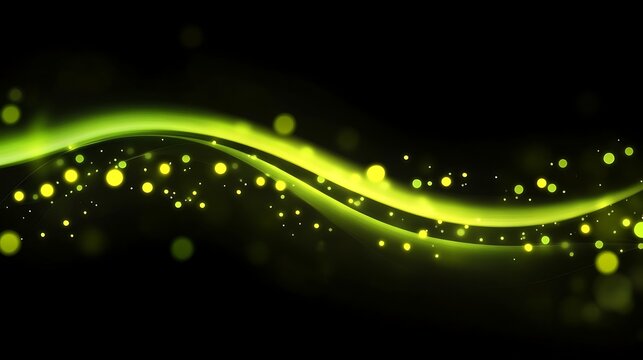 Abstract green wave with glowing particles against a black background creating a sense of movement and tranquility