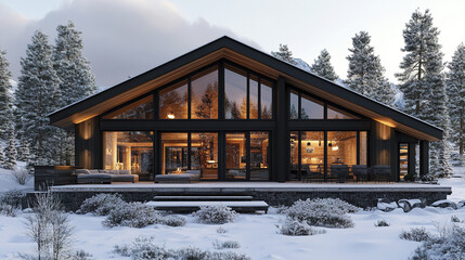 modern cabin with large windows and wood accents in snowy forest setting