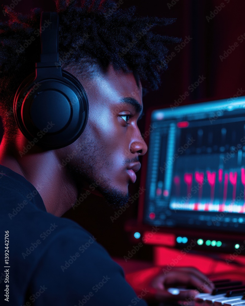 Aufkleber AI-Powered Music Innovation Gen Z Creative Professional Exploring Next-Gen Sound Production with Cutting-Edge Digital Audio Technology in Immersive Studio Environment