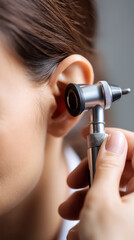 Close up of doctor using otoscope to examine patient ear, focusing on medical instrument