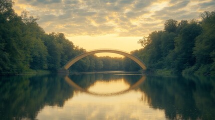 Arched bridge reflected in a tranquil lake amidst lush green foliage