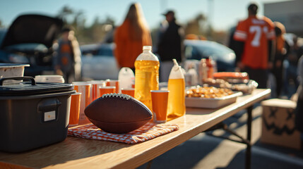 A football tailgate with food and drinks on a table with people in the background on a sunny day