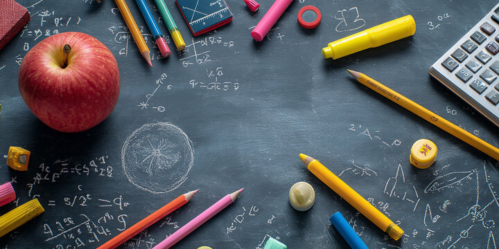 Dark gray chalkboard background with colored pencils, apple, calculator, and mathematical equations, showcasing education and back-to-school concept, free space for text