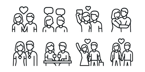 Fototapeta premium Linear icons set: romantic relationships and social interactions unveiled