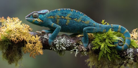Naklejka premium A stock illustration shows a colorful chameleon with striking red, green, and blue scales as it carefully navigates its way along a branch