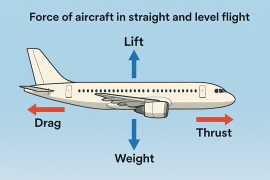 Diagram of aircraft forces: lift, weight, thrust, and drag.