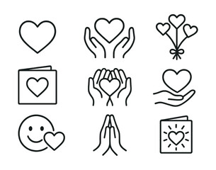 Linear love icons set: heart, hands, smile, prayer - simple and elegant symbols