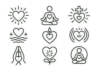 Mindfulness and healing icon set: heart, meditation, yoga, spiritual symbols collection