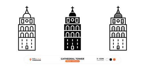 Fototapeta premium Cathedral Tower, Line Icon.Vilnius, Lithuania, Landmark, Silhouette, Color Vector, Editable Stroke.
