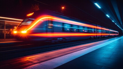 Fototapeta premium Long Exposure Rear View of a Train in Motion at Night with Colorful Light Trails