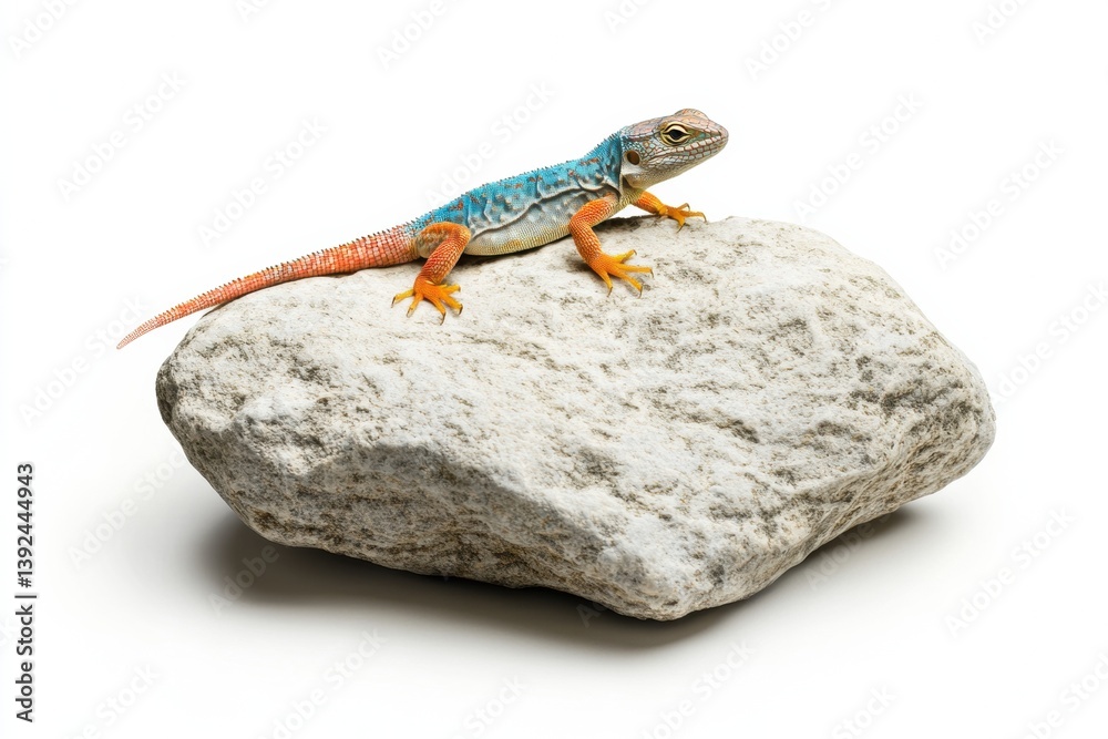 Poster colorful lizard resting on textured rock with a white background and drop shadow showcases vibrant h