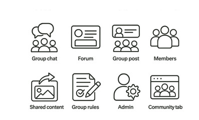 Fototapeta premium Social media community icons set: group chat, admin, shared content, and more
