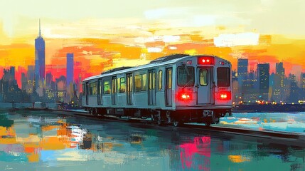 Obraz premium Vibrant Sunset Train Journey with Artistic Long Exposure Effect in Urban Landscape