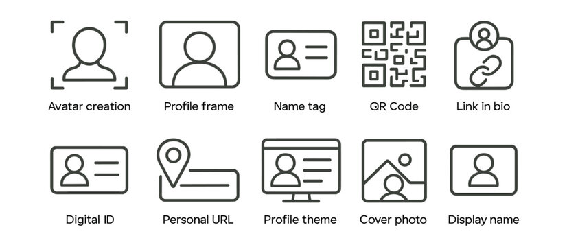 Linear style social media and digital identity icons set