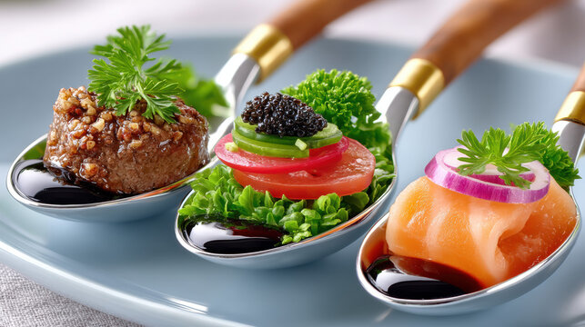 Gourmet amuse bouche trio served in tasting spoons with vibrant garnishes and elegant presentation