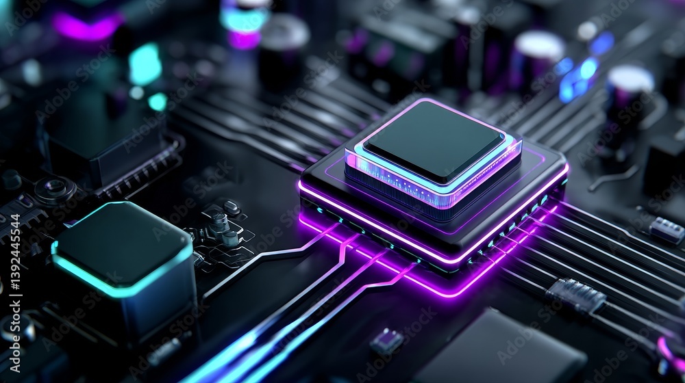 Poster The concept of a quantum computer is related to large data processing and database ideas, as represented by an isometric CPU banner and the central computer processors CPU concept, which involves