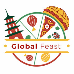 Global feast logo with international cuisine illustrations