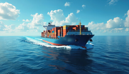 Large container ship sails across blue ocean. Colorful shipping containers on deck. International trade, cargo transportation. Global logistics, import export business. Vessel at sea under sky, water