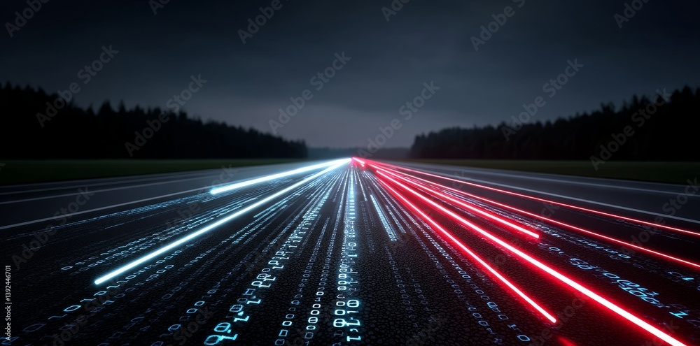 Poster a digital cityscape features a highway winding through towering binary structures, symbolizing big d