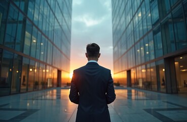 Fototapeta na wymiar Businessman stands before modern glass business center. Back view. Man in suit looks to successful future. Sky reflection in glass building. Symbol of corporate success in financial district. Career