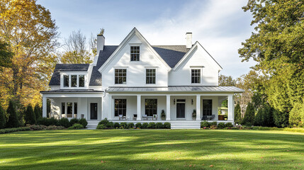 White house with gabled roof and large lawn surrounded by trees