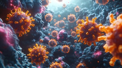 Naklejka premium Hyperrealistic Microscopic View of Cellular Combat Among Vibrant Viral Particles and Cells