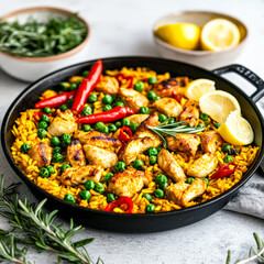 Fototapeta premium Black pan with yellow rice and chicken and peas