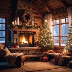 Obraz premium Cozy Christmas cabin interior with fireplace, decorated tree, and snow outside — warm festive 8K photorealistic scene