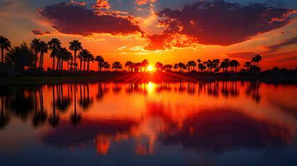 sunset, lake, sky, water, sun, landscape, nature, river, clouds, reflection, sunrise, evening, tree, dusk, cloud, beautiful, orange, calm, silhouette, light, dawn, red, morning, yellow, blue