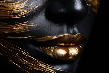Minimalist design  golden thread outline of a face on a black background for stunning elegance