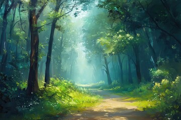 Obraz premium Sunlit Path Through a Lush Green Forest