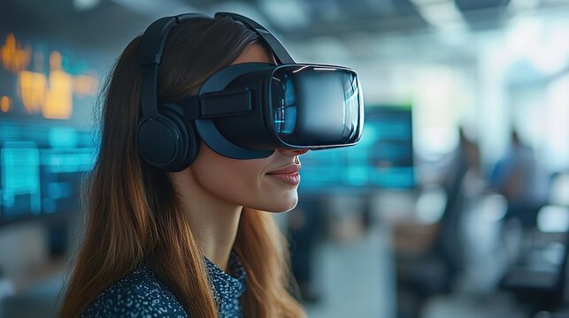 Corporate team using VR for business solutions with copy space on the top, in bright indoor lighting, in a tech-savvy office.