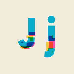 alphabet made of multicolored letters with glitch effect, lowercase and uppercase letter J