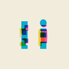 alphabet made of multicolored letters with glitch effect, lowercase and uppercase letter I